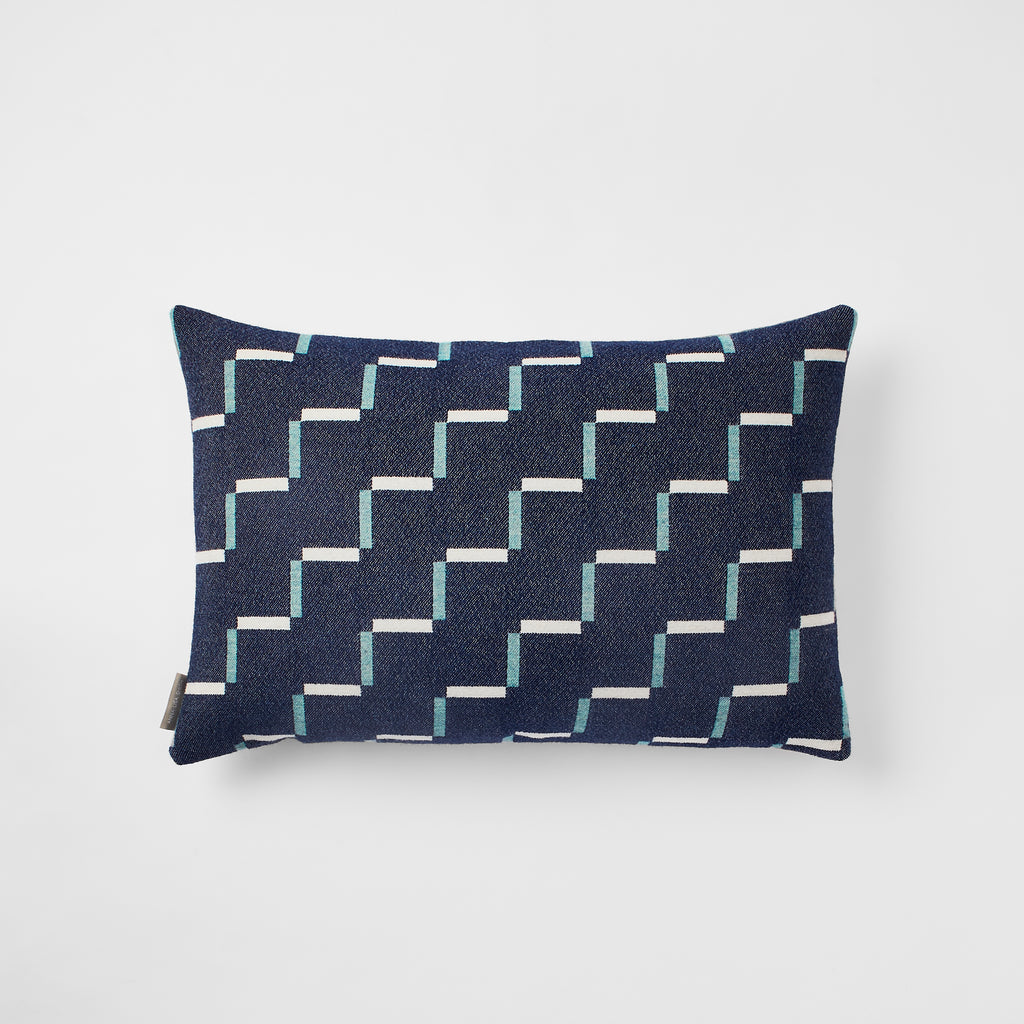 Contemporary,  navy blue cushion. Merino wool, woven in England.