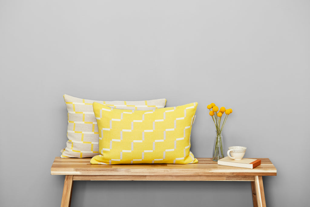 Contemporary, merino wool cushion, yellow, lemon, geometric design, woven in England.