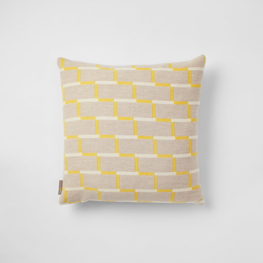 Contemporary, merino wool cushion, yellow, lemon, geometric design, woven in England.