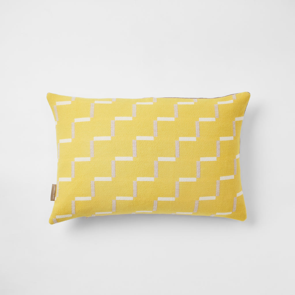 Contemporary, merino wool cushion, yellow, lemon, geometric design, woven in England.