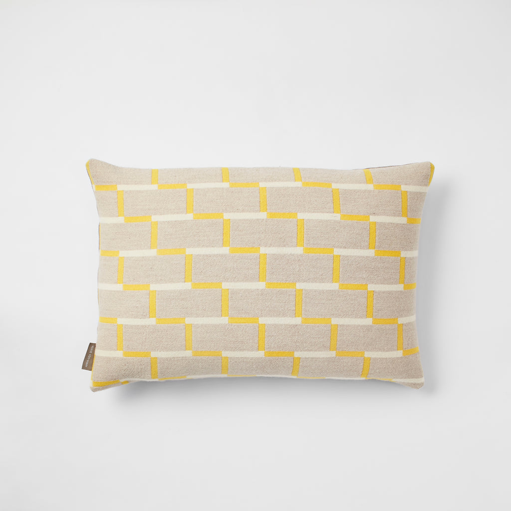 Contemporary, merino wool cushion, yellow, lemon, geometric design, woven in England.