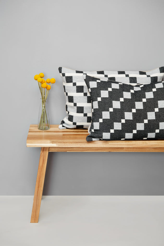 Contemporary cushion, woven in merino wool in our Yorkshire mill. Striking geometric design