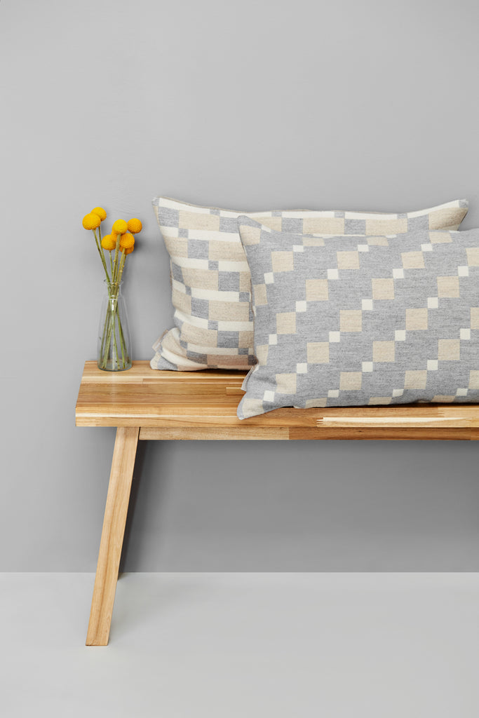 Contemporary, grey cushion. Merino wool, woven in England.